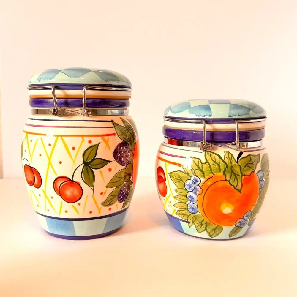 Capriware Michael's Orchard Lot of 2 Multi Color Handpainted Ceramic Canisters